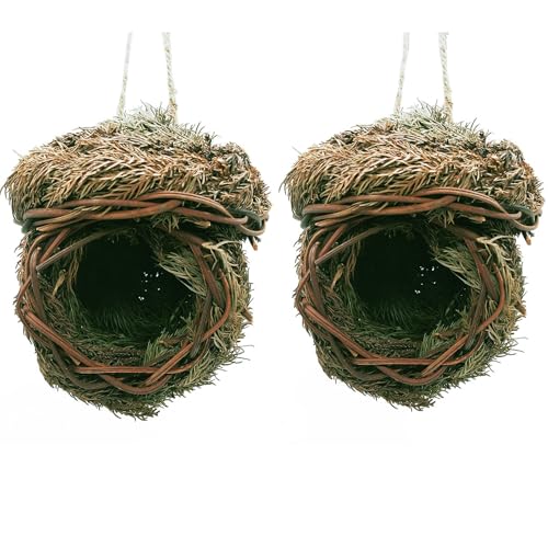 2 Pack Grass Bird House Hummingbird Nest House Roosting Pocket for Outside 5.5×5.5" Hanging Hideaway Hut Woven Nest Cozy Resting Place for Finch Canary