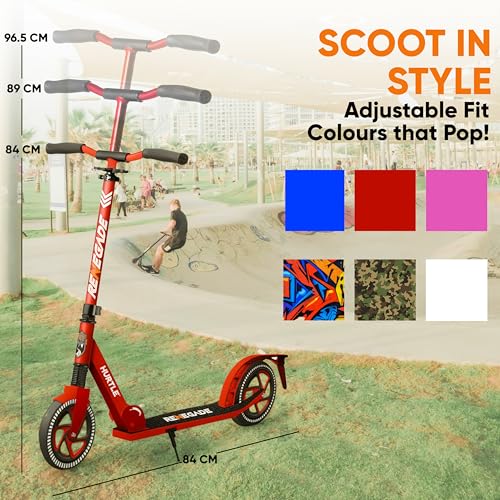 Image of Hurtle Teenager Kick Scooter - 2 Wheel with Adjustable T-Bar Handlebar - Folding Adult with Alloy Anti-Slip Deck - 8 inch Smooth Gliding Wheels