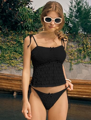 ZAFUL Tankini Swimsuits for Women Mesh Hollow-Out Tank Style Bow Knotted Decor Tie Side High Cut Tankini Set3