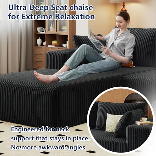 Image of 96 inch Modular Sectional Sofa, Modern Corduroy Cloud Couch with Deep Seat, Boneless Couch Upholstered 3-Seater L-Shaped Sofa for Living Room, No Assembly Required (Black, Left-Facing Chaise)