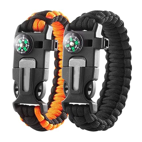 Gurfzcyuoo 2 pcs Paracord Survival Bracelet with Compass, Fire Starter Scraper, Adjustable Military-Grade Paracord Rope and Whistle, Essential Outdoor Survival Gear for Hiking, Camping (Black,Orange)