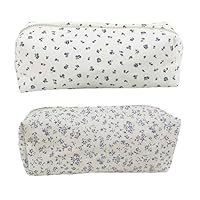 ANBOO 2Pcs Small Floral Pencil Case for Girls White Fabric Pencil Case with Blue Flowers Design Aesthetic Cute Zip-up Pencil Pouch Canvas Pen Bags Ideal for Student School Stationery Storage