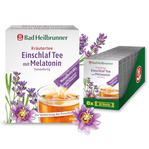 Bad Heilbrunner Einschlaf Tee mit Melatonin - im Stick, Tassenfertig - mit Melatonin, Lavendelblüten & Passionsblume - Endlich gut einschlafen - Ideal bei Reisen - gute Nacht Tee (8 x 10 Sticks)