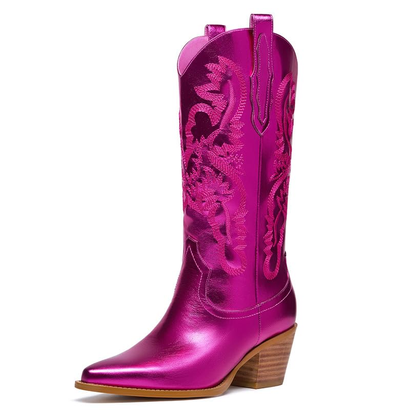WOIDIOUYMetallic Cowboy Boots Mid Calf Cowgirl Boots for Women Pointed Toe Chunky Heel Vintage Shiny Embroidered Western Boots for Weddings, Parties, Concerts Fuchsia 7