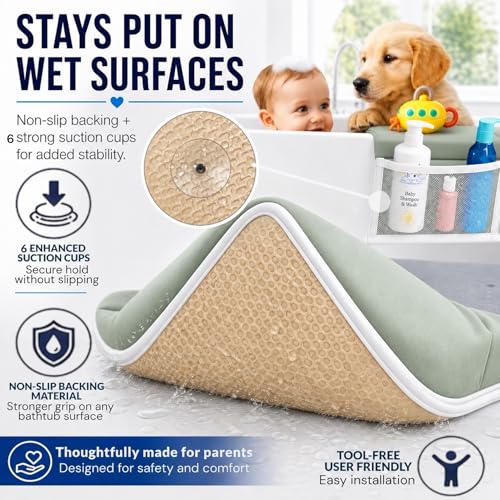 Image of Comfortable Baby Bath Kneeler and Elbow Rest Pad Set, Non-Slip Bathtub Kneeling Pad for Bathing Baby, Bath Tub Cushion Mat, Elbow Pads, Toy Organizer Storage Pockets, Strong Suction Cups (Green Gray)