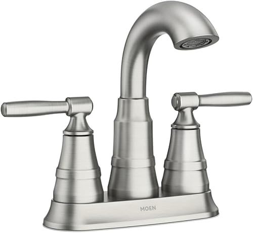Moen Halle – Grifo de baño con dos asas y montaje de desagüe, resistente a las manchas, de níquel cepillado, 84971SRN