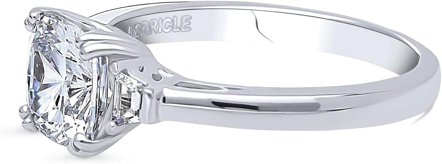 BERRICLE Rhodium Plated Sterling Silver Cushion Cut Cubic Zirconia CZ 3-Stone Anniversary Wedding Engagement Ring 2.1 CTW | 