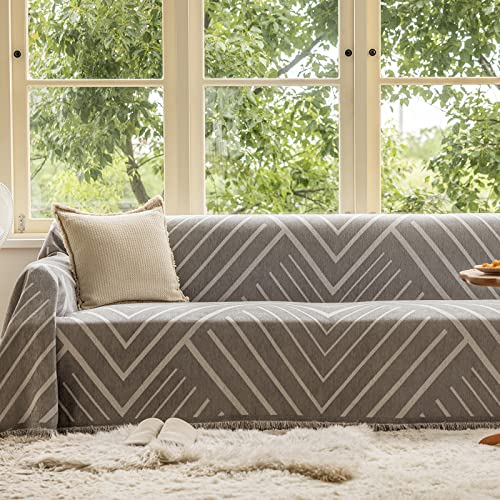 Eavd Couch Cover Geometric Pattern Sofa Slipcover Non-Slip Chenille Couch Cover For 3 Cushion Couch Modern Grey White Striped Sectional Couch Covers For L Shape Furniture Protector From Dogs Cats #TOP1