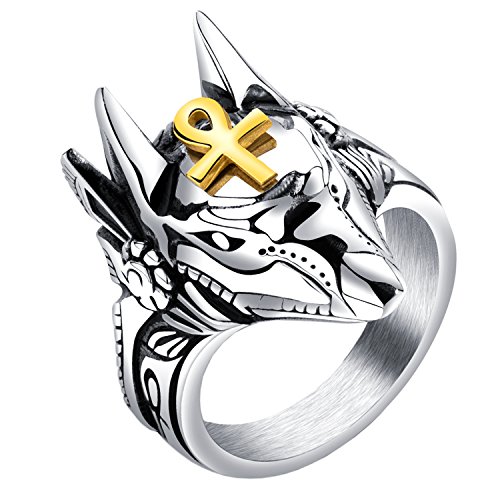 HIJONES Men's Stainless Steel Ancient Egypt God Anubis Gold Ankh Cross Ring (Gold, 13)
