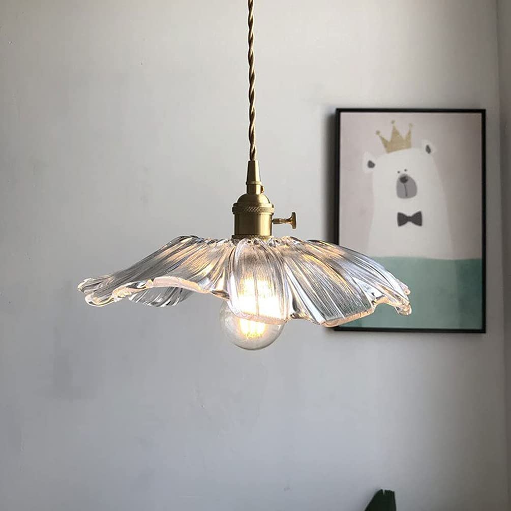 qudkdhs Modern Flower Glass Lampshade Chandeliers Nordic Glass Pendant Ceiling Lighting E27 Single-Head Brass Hanging Lamp for Kitchen Island Restaurant Dining Hall Bar Cafe