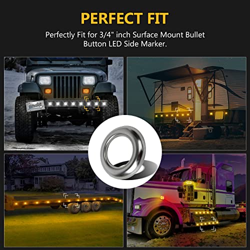 Premarker 100Pcs 3/4" Inch Round Stainless Steel Ring Trim Bezel For 3/4" Round Marker Clearance Lights, Mini 3/4In Bullet Side Marker 304 Chrome Bezel Cover Button Surface Mount, Pack Of 100 #TOP6