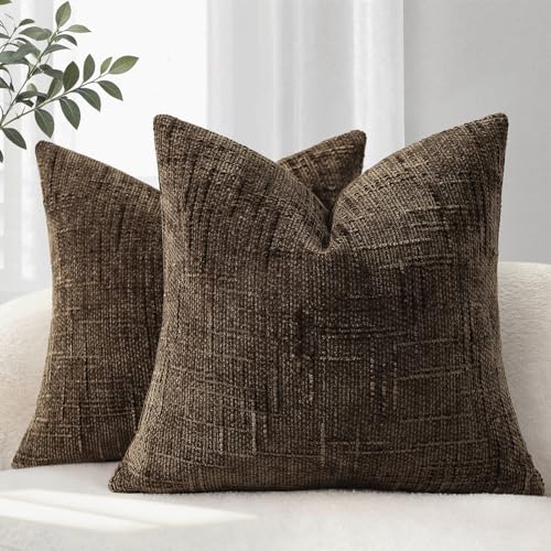 YCOLL Housse de Coussin 40x40 Lot de 2 Coussin de Canapé en Tissu Chenille Doux Housses de Coussin Marron Coussin Décoratif Canapé & Salon Housses de Coussin...