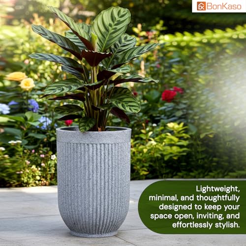 Image of Bonkaso 18 Inch Burj Khalifa Ribbed Planter Pot Indoor & Outdoor Use | Round Heavy Duty Polymer Flower Pot | Lightweight Weather Resistant Modern Gamla for Living Room Balcony & Terrace (Light Grey)