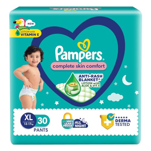 Image of Pampers Complete Skin Comfort Pants, Anti-rash blanket, Lotion with Vitamin E & Aloe Vera, Extra Large size baby diapers (XL) 30 Count, 12-17kg