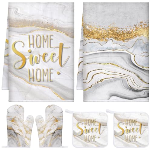 Bencailor 6 Pcs Marble Kitchen Decor Gold Pot Holders Oven