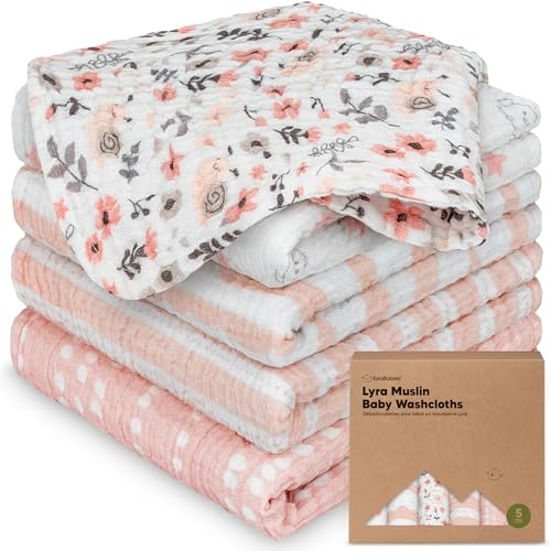 Image of 5-Pack Muslin Baby Washcloths for Newborn - 12x12 inch Soft Absorbent Organic Cotton Muslin Wash Cloths for Babies Girl, Boy, Infant, Toddlers, Kids Face Towel,Bath Essentials,Baby Burp Rags (Sweet Charm)