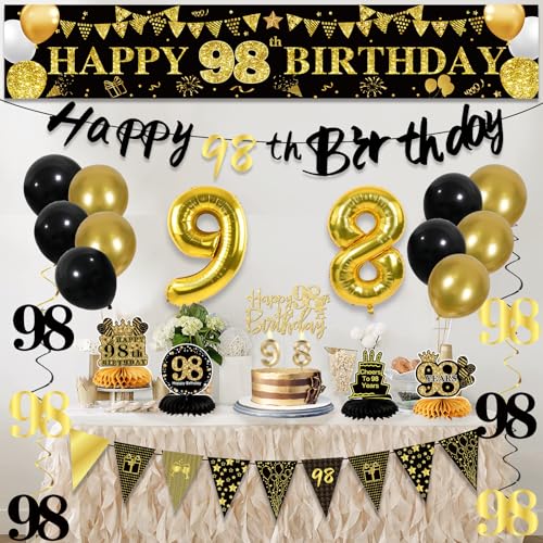 Image of 98th Birthday Decorations for Men, Black Gold 98th Party Decorations | 27pcs Happy 98th Birthdays Set: Banner, Honeycomb, Balloons, Gold Number, Candle, Hanging Swirls, Cake Topper, Party Supplies