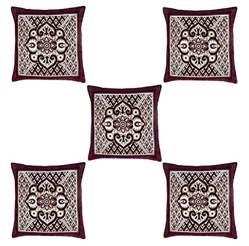 Image of Nendle Jacquard Weaved Decorative Velvet Cushion Cover /Sofa Pillow Cover Set of 5 Pieces (Wine, 16x16 Inches)-500 TC