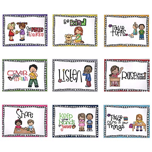 BIGPANDA 9 PCS A4 Paper Size Class Rule Poster Classroom Rules Behavior Etiquette Education Poster Good Habits Courtesy Chart for Preschool and Elementary School Supplies