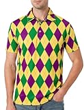 Funny World Men's Mardi Gras Shirts Dry Fit Sleeve Moisture Wicking Carnival Plaid Golfs Shirt Fat Tuesday Polo, Harlequin, Medium