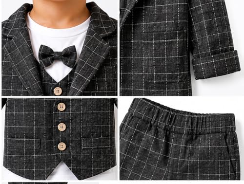 Image of Bold N Elegant Plaid Checks Print Boys 3 Piece Party Suit Coat with Waistcoat Bow Attached T-shirt and Trouser Pant Dress Clothing Set for Infant Toddler Boys