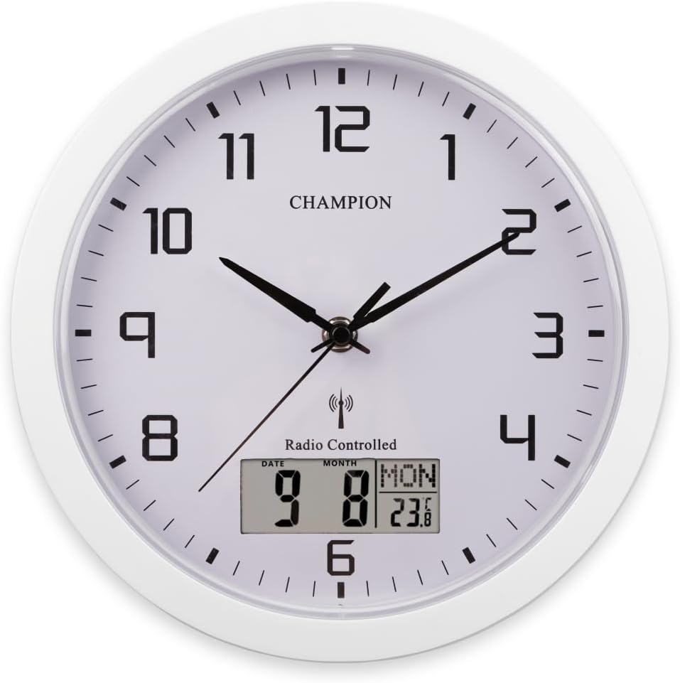 Close-up view of the LCD display on the Champion MSF Radio-Controlled Quartz Wall Clock.