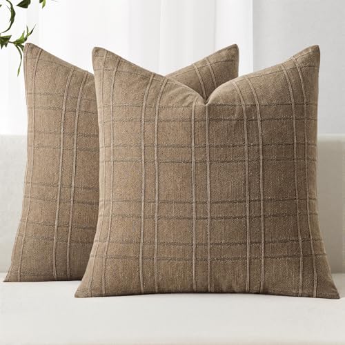 MIULEE Decorative Linen Check Euro Shams Throw Pillow Covers Neutral Farmhouse Vintage Pillow Covers 22x22 Set of 2 Boho Modern Winter Home Decor for Sofa Couch Bedroom Cushion Light Brown