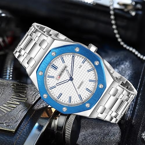 Image of Portive Quartz Watch for Men, Silver Stainless Steel Bracelet, Black Dial, Date Display, Octagonal Case