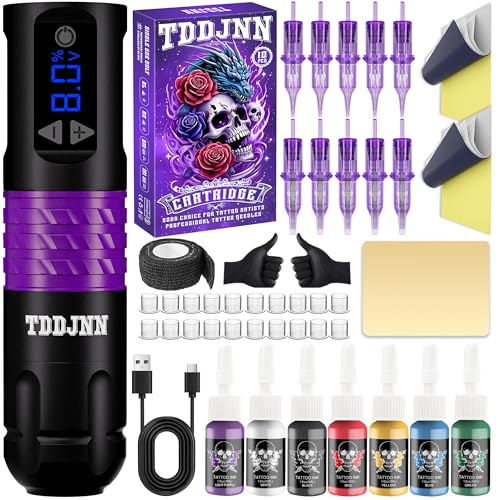 TDDJNN PROFESSIONAL TATTOO GUN SET WIRELESS TATTOO MACHINE PEN SET 1500MAH BATTERY DISPOSABLE TATTOO...