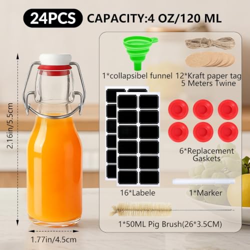 Image of Ruckae 24 Pack 4oz Swing Top Glass Bottles with Lids Kombucha Coquito Flip Top Glass Bottle for Syrup Vanilla Extract Brew Beer Kefir Air Tight Bottles for Gift (4 oz 24 pack)
