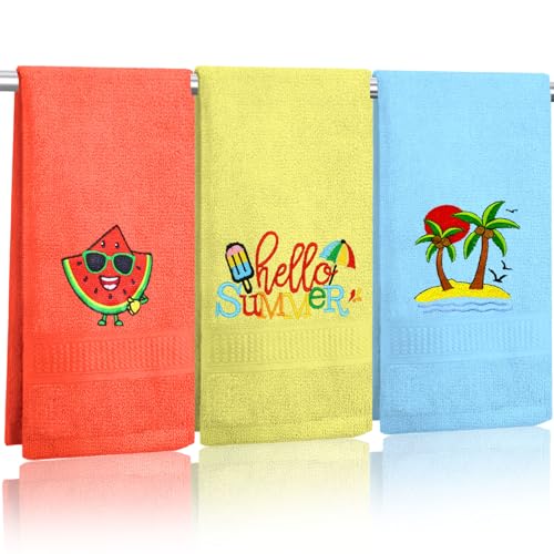 Hokoad 3 Pcs Summer Hand Towels for Bathroom 13.5x29.5in Funny Hello Summer Embroidered Bathroom Towels with Watermelon Coconut Tree Soft Absorbent 100% Cotton Hand Towels for Bathroom Kitchen