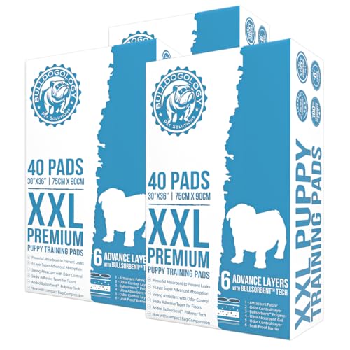 Image of Bulldogology Premium Puppy Pads with Adhesive Tabs - Dog Pads Extra Large - Leak Proof Dog Pee Pads Extra Large - Ultra Absorbing Extra Large Puppy Pads (White-30x36 (120-Count))
