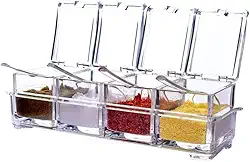 Organizador de Temperos Acrílico Crystal 4 Potes com Tampas e Base Antiderrapante – Porta Condimentos Transparente e Compacto