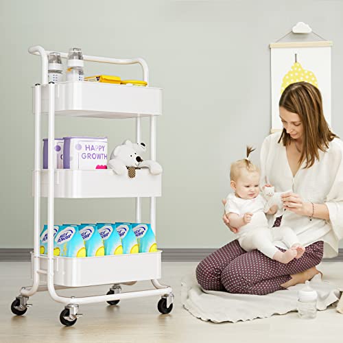 Furninxs 3 Tier Rolling Cart With Wheels Metal Utility Cart With Handle Rolling Storage Organizer Trolley Cart For Kitchen, Office, Home, School (White) #TOP1