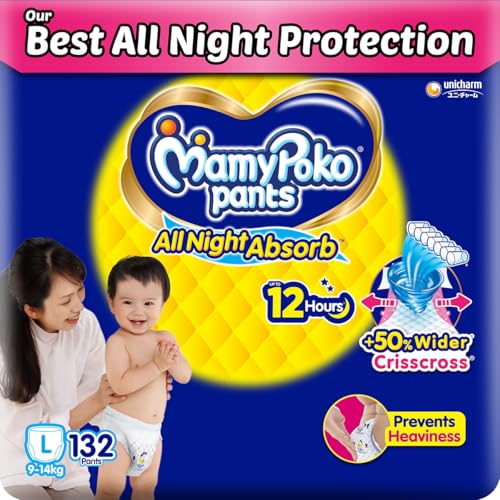Image of Mamypoko Pants All Night Absorb| Pant Style Baby Diapers Large Size(L), 62 Count (Pack of 2), Ideal for 9-14Kgs|+50% Wider and Repeated Absorption for All Night 12hr Protection from Leakage, Prevents Heaviness