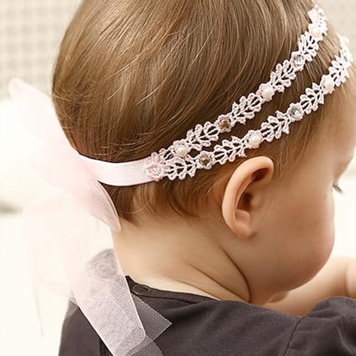 Baby Girl White Flower Christening Headbands Toddler Elastic Soft Lace Baptism Hairband Floral Pearl Newborn Infant Hair Accessories for Birthday Party (pink, Standard size)2