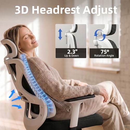 Apusen Mesh Ergonomic Office Chair with Lifting Armrests Home Office Desk Chair with Headrest and Backrest 90-150 Adjustable for Home, Office, Gaming, Student（White+Black）