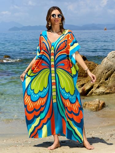 Image of sunforyou Kaftan Dresses for Women Plus Size Lightweight Swimsuit Cover up Batwing Sleeve Print Loungewear Beach Robe