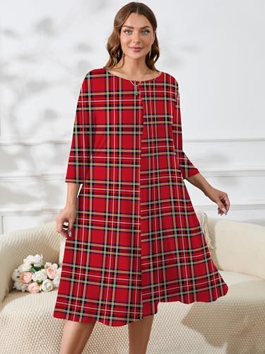 Image of AusLook Women's Plus Midi Dresses Crew Neck A Line 3 /4 Sleeves Casual Elegant Loose Wedding Vacation Dress with Pockets