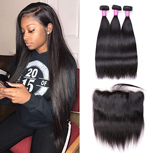Sterly Brazilian Straight Hair 3 Bundles With Frontal 13x4 Ear To Ear Lace Frontal With Bundles Unprocessed Virgin Human Hair Extensions Natural Color (14 16 18+12)