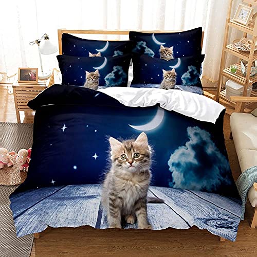 Parure de Lit 220x240 cm 3D Chat Motif Housse de Couette 2 Personnes avec Fermeture Éclair, Microfibre, 2 Taies d'oreillers 65 x 65 cm Cover