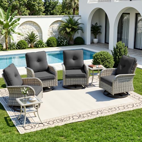 Image of 6-Piece Small Patio Furniture Set, Outdoor Swivel Rocking Chairs Set with Wicker Chairs and Tempered Glass Side Table, Outdoor Furniture Patio Bistro Set for Balcony, Deck, Porch