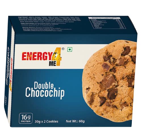 Energy4Me Double Chocochip Cookies, 60gm - Pack of 2 I loaded with Flaxseed, Whey Protein, Fiber and calcium, NO MAIDA I Tasty, Crunchy & Chocolate Chips Flavoured I Teatime Snacks breakfast cookies I Biscuits Combo Pack