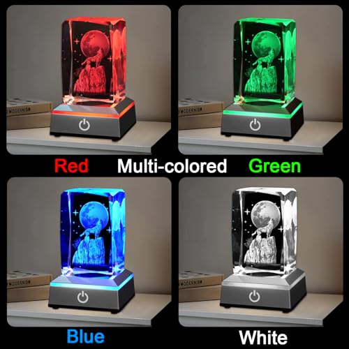 Image of 3D Wolf Crystal Night Light with Multicolor LED Base Glass Laser Engraved Wolf Figurines Statue Gifts for Boys Girls Birthday Christmas Room Decor