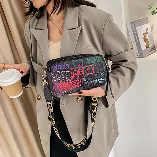 PU Leather Graffiti Square Bag, Large-capacity Tassel Bag, Shoulder Messenger Bag, Double Zipper Adjustable Wallet3