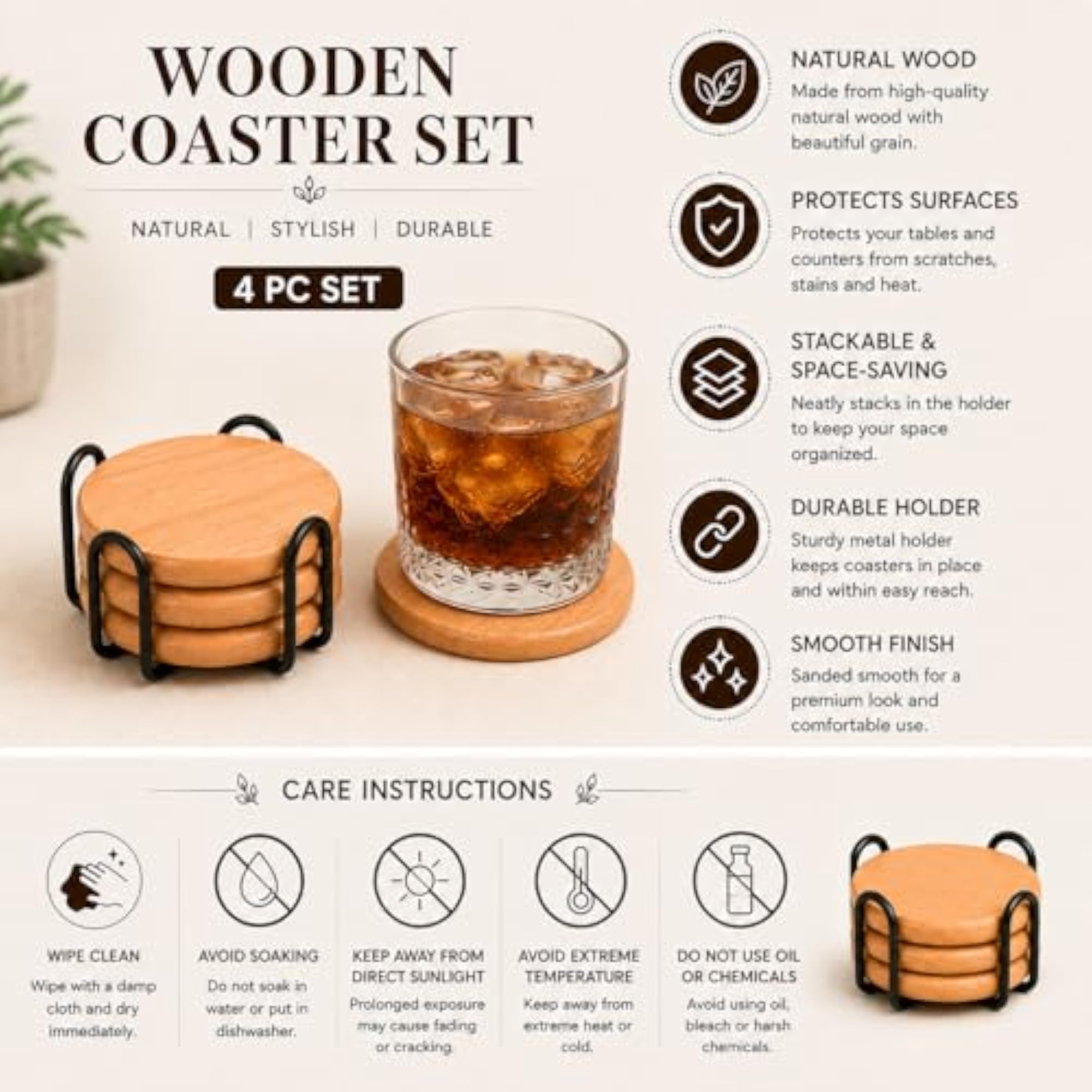 Wooden Coaster Set of 4 with Holder for Dining Table