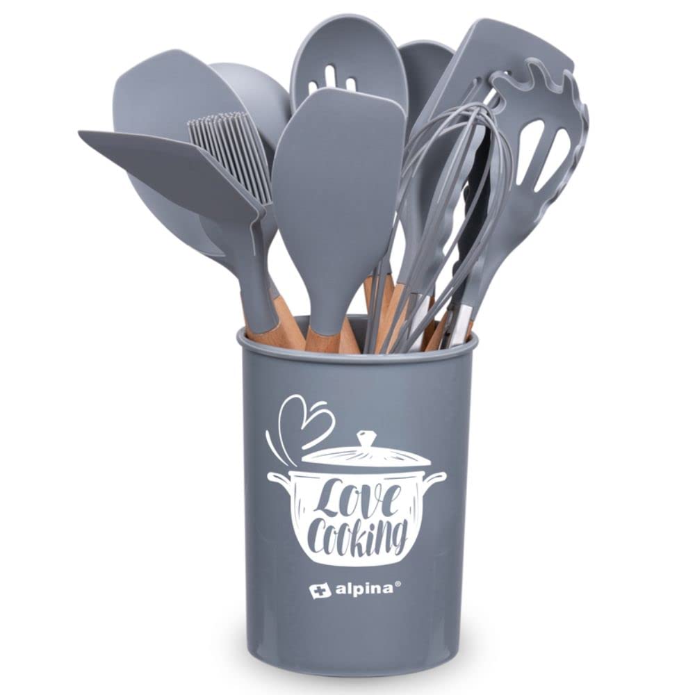 alpina Küchengeschirrset mit Halter – 12-teilig – Silikon-Utensilien mit Holzgriff – Grau, 0.00