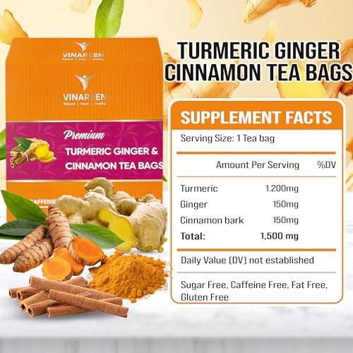 VINAREEN Turmeric Ginger Cinnamon Herbal Tea, 100 Tea Bags, Supports Digestion, Brain, Weight, Skin & Sleep Wellness, Premium Natural Ingredients, Eco-Conscious Tea Bags, Caffeine-Free, Sugar-Free, Gluten-Free, Vegan. - Image 3