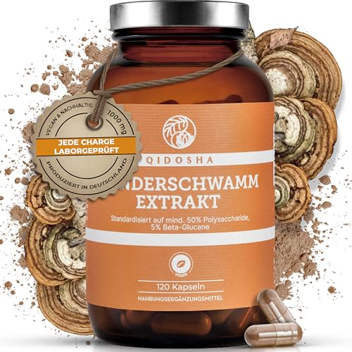 QIDOSHA Zunderschwamm Extrakt Kapseln 120 Stk im Apothekerglas hochreiner Fomes fomentarius Extrakt mit 500mg je Kapsel davon 50% Pilz-Polysaccharide mit mindestens 5% Beta-Glucanen dt Fertigung