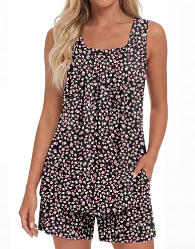 Image of LONGYUAN Womens Sleeveless Pajama Set Soft Summer Lounge Shorts Tank Top Sleepwear with Pockets 2 Piece Set M-3XL